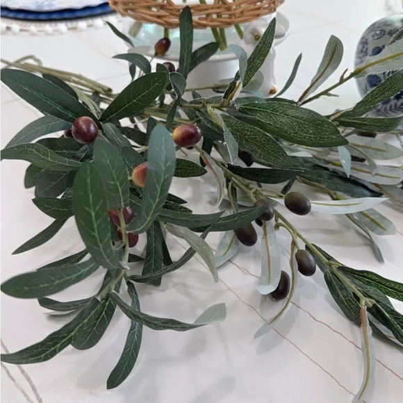 Artificial Olive Branch Spray with Realistic Green Leaves and Dark Olive Berries - Picture 4 of 4